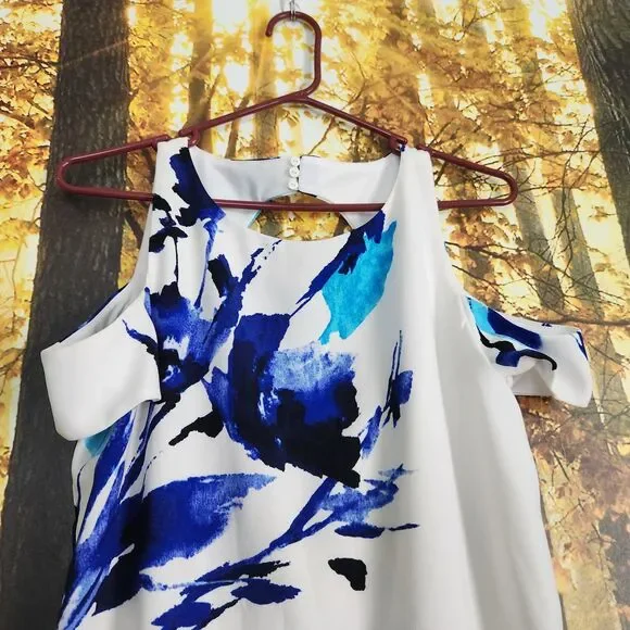 Lauren Ralph Lauren Womens 6 Cold Sholder Cut-Out Floral Crepe Shift Dress Blue - Picture 4 of 16